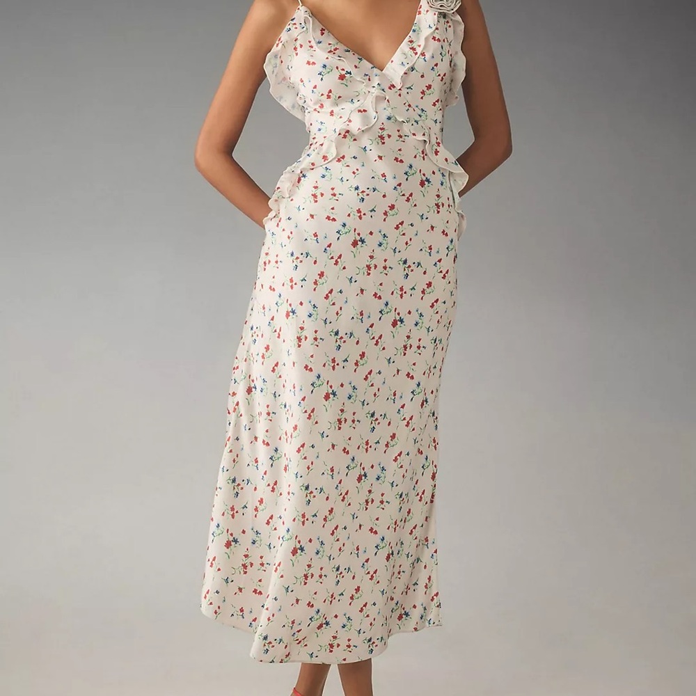 Anthropologie Bardot White Satin Midi Slip Dress Red, Blue & Green Floral Print